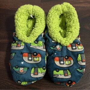 Lazy One Bright Green Fuzzy Slippers with campers pattern Womens shoe size 7-9